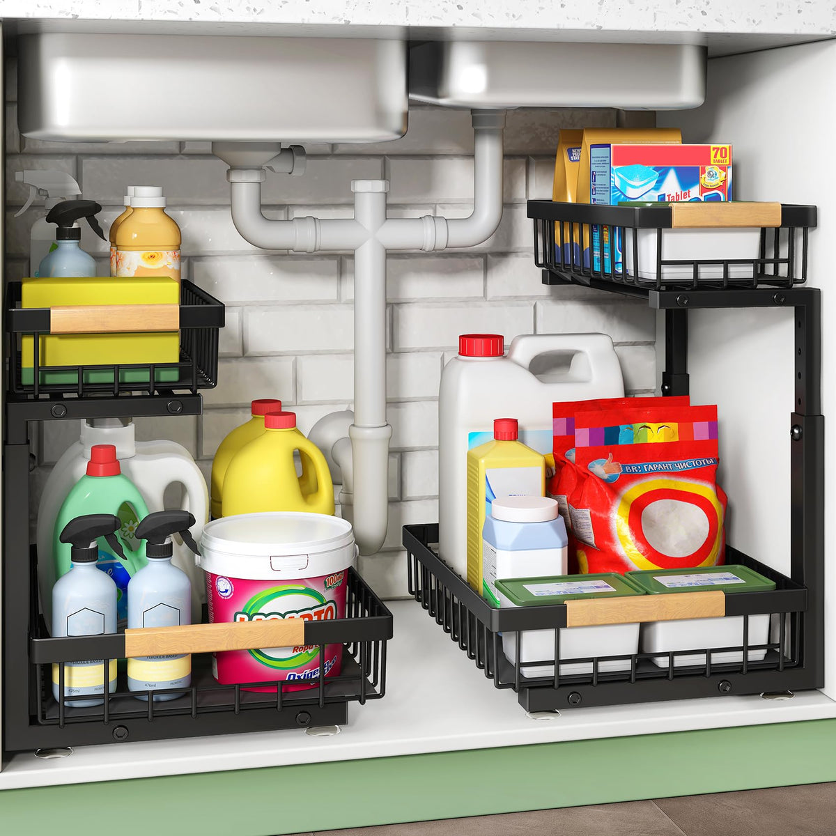 2 Tier Black Metal Under Sink Organizer, 2 Pack X13768