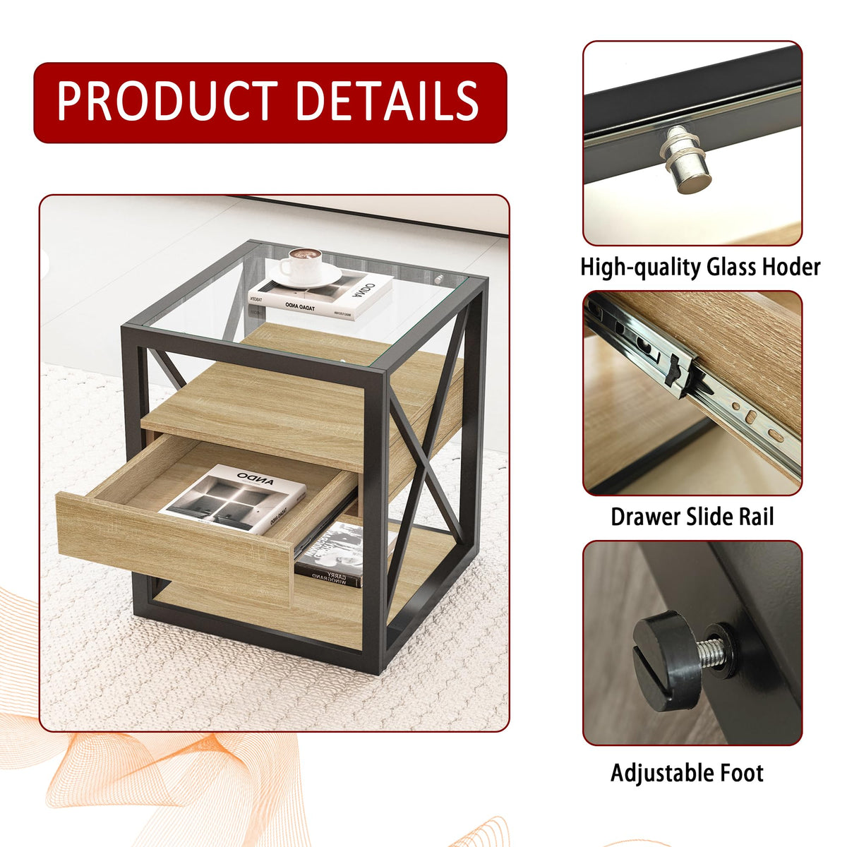 Brown Wood Glass Metal End Table Set of 2 M341269