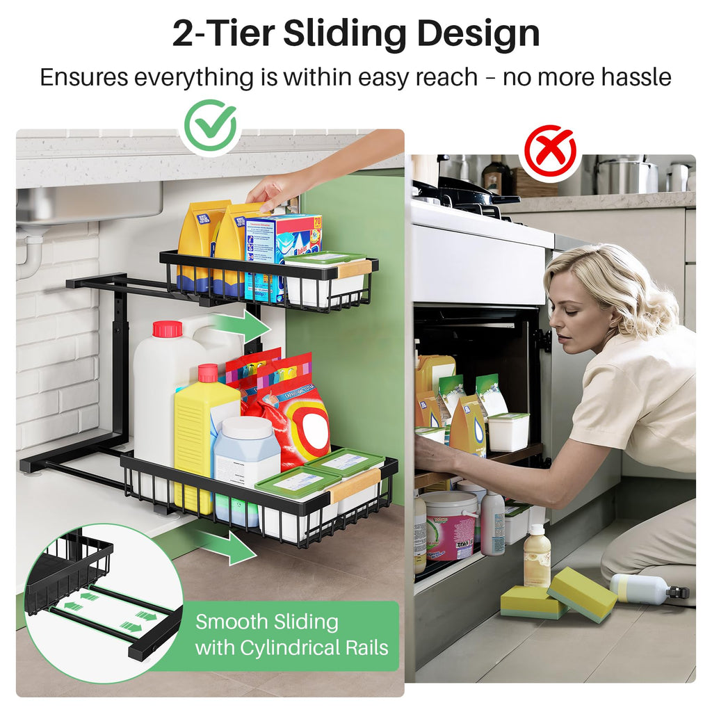 2 Tier Black Metal Under Sink Organizer, 2 Pack X13768