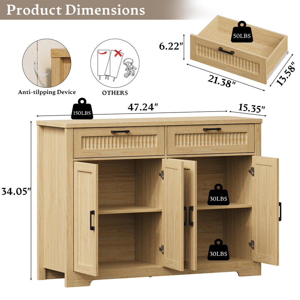 Fluted Buffet Sideboard Cabinet with Drawers U611