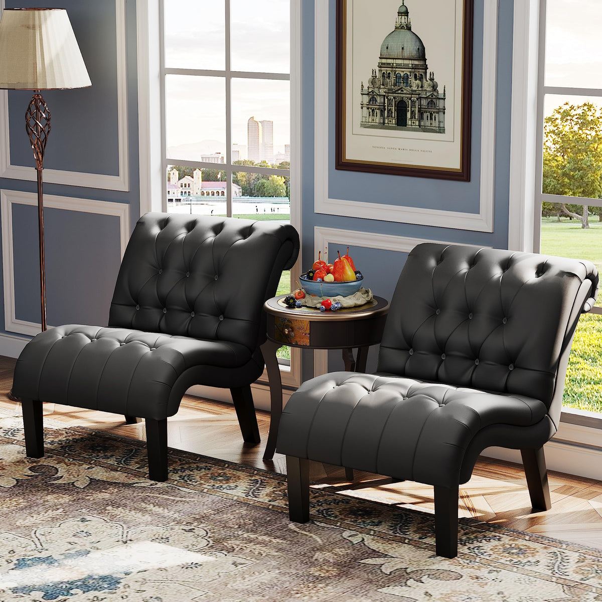 Black PU Leather Armless Accent Chair Set of 2 H3987