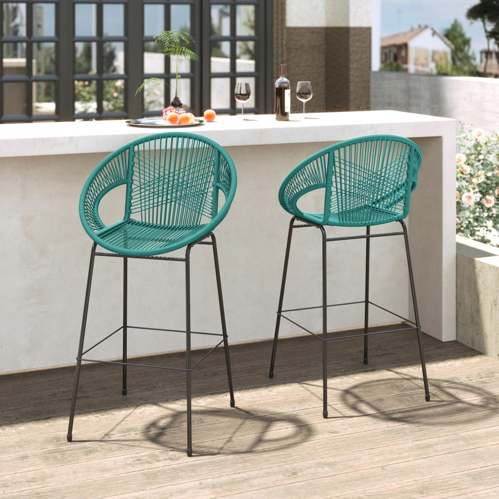 Teal Faux Wicker Outdoor Bar Stool Set of 2 D363003