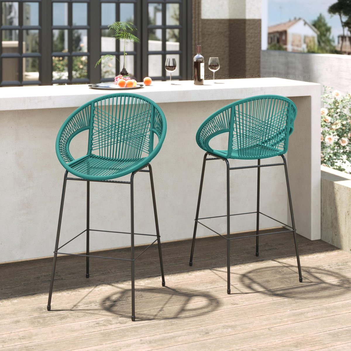 Teal Faux Wicker Outdoor Bar Stool Set of 2 D363003