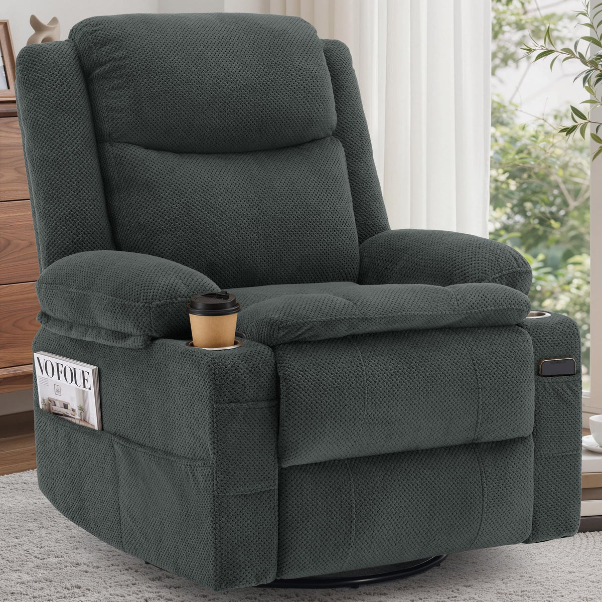 Gray Swivel Rocker Recliner with Massage & Heat Y7639
