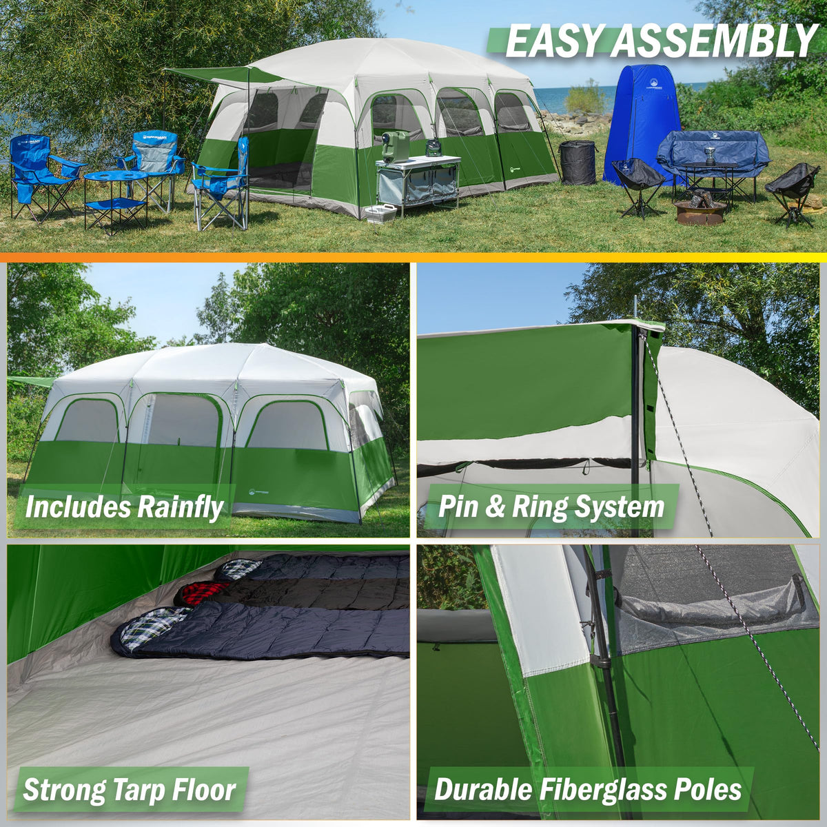 10-12 Person Camping Tent with Room Divider and Carry Bag Y714