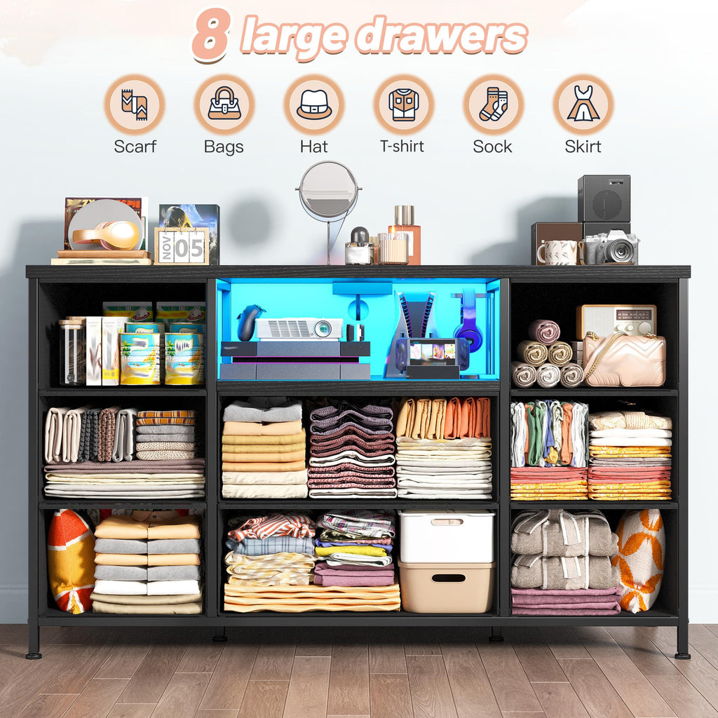 Black Dresser with LED Lights & Charging Station H4568